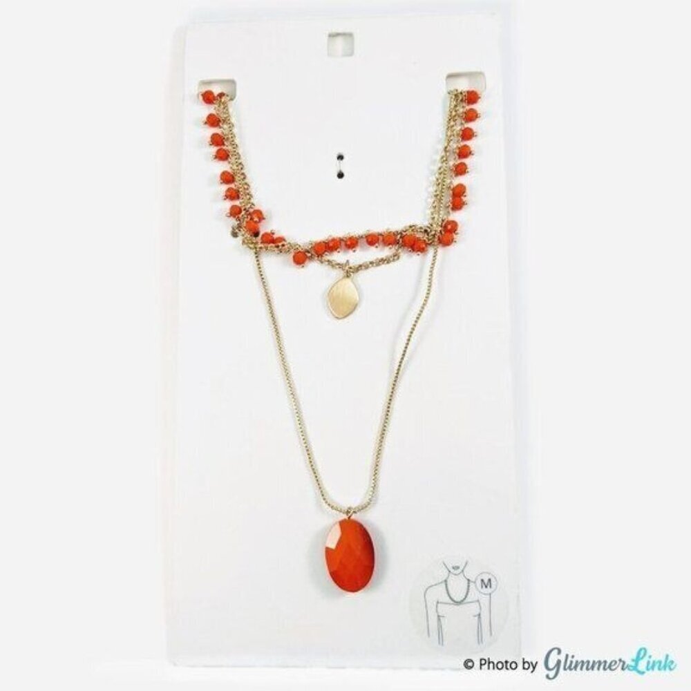 NWT Boho Triple Strand Gold Tone Orange Beaded Layered Necklace